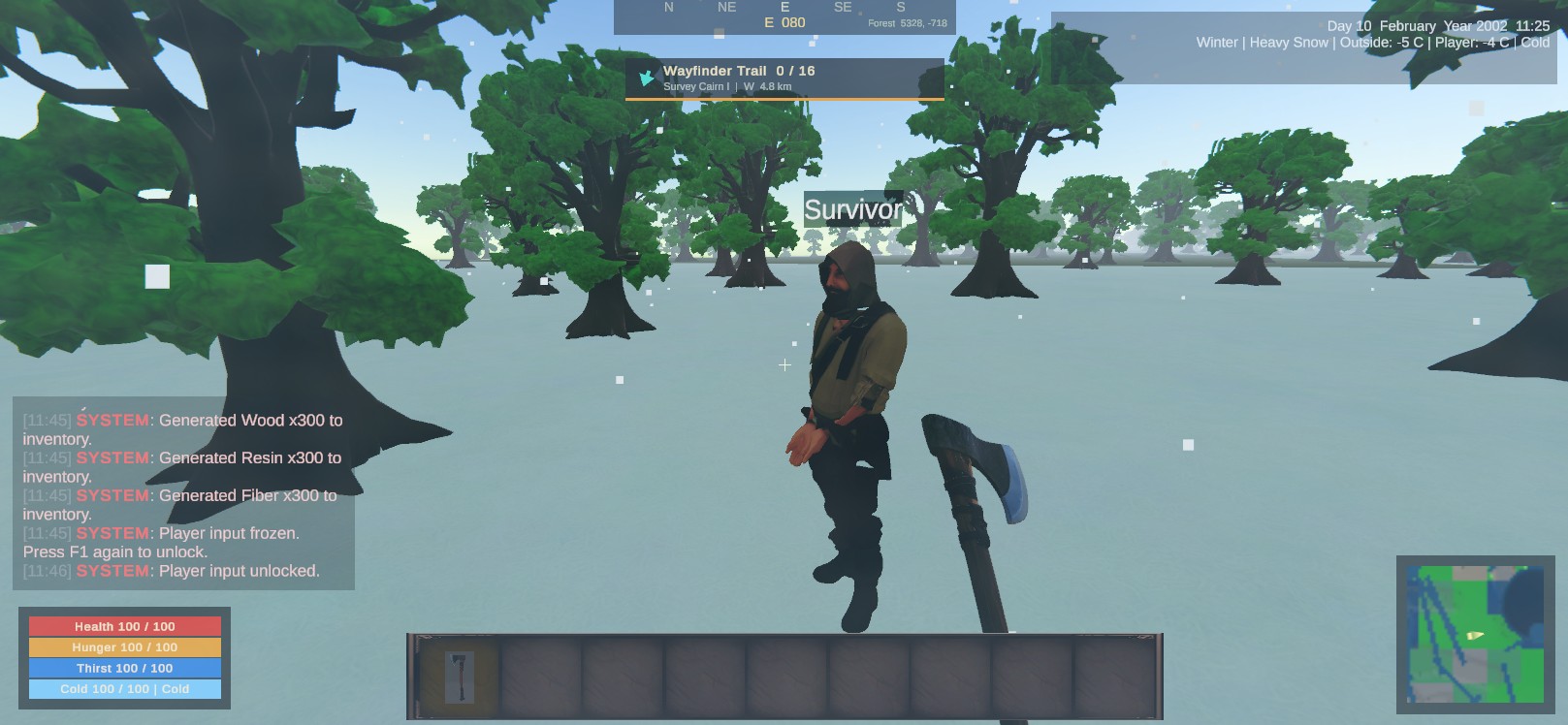 Worldis winter gameplay showing player with axe, survival HUD, and a survivor nearby